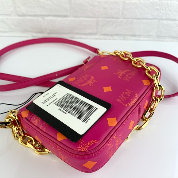 MCM Visetos Mini Zip Pouch Splash Logo Crossbody Bag Pink $650 - Picture 11 of 15